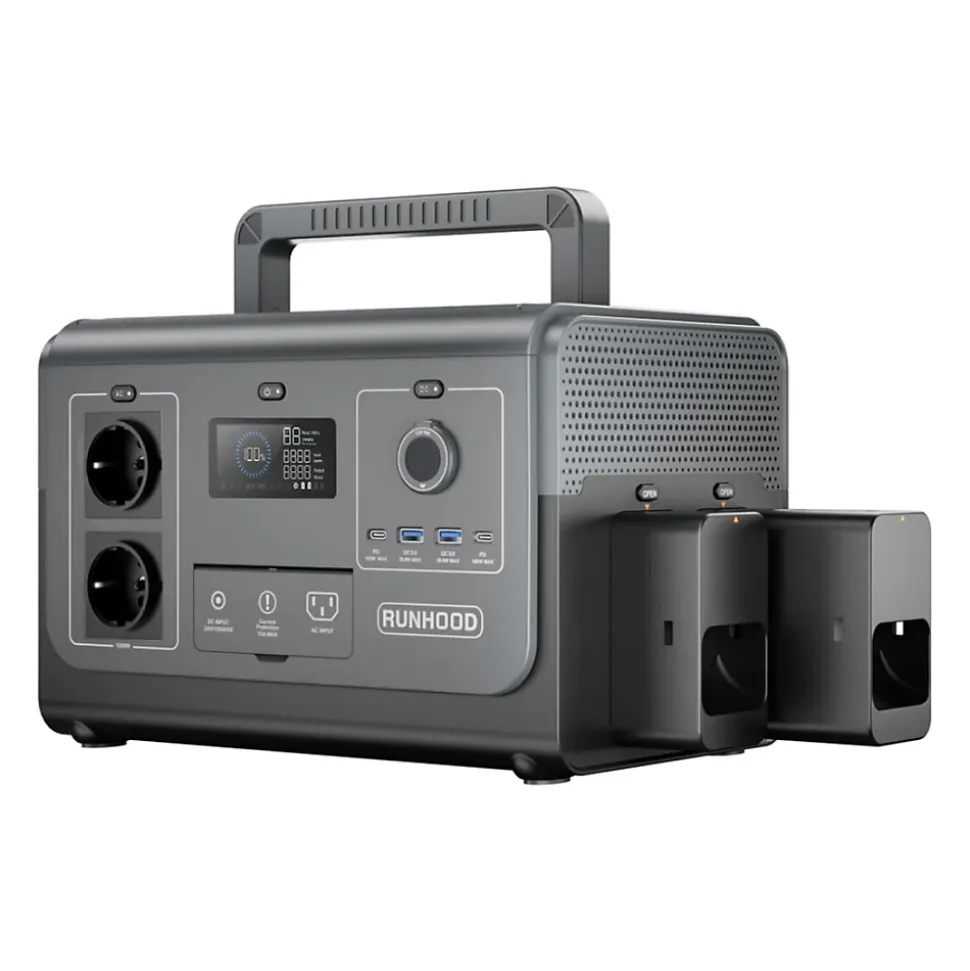 Station d'Energie RUNHOOD HE1200 - 1200 W Sinus Pur - 4 EB324 - 648 Wh - Recharge Solaire et AC - Modulaire et Echange a Chaud