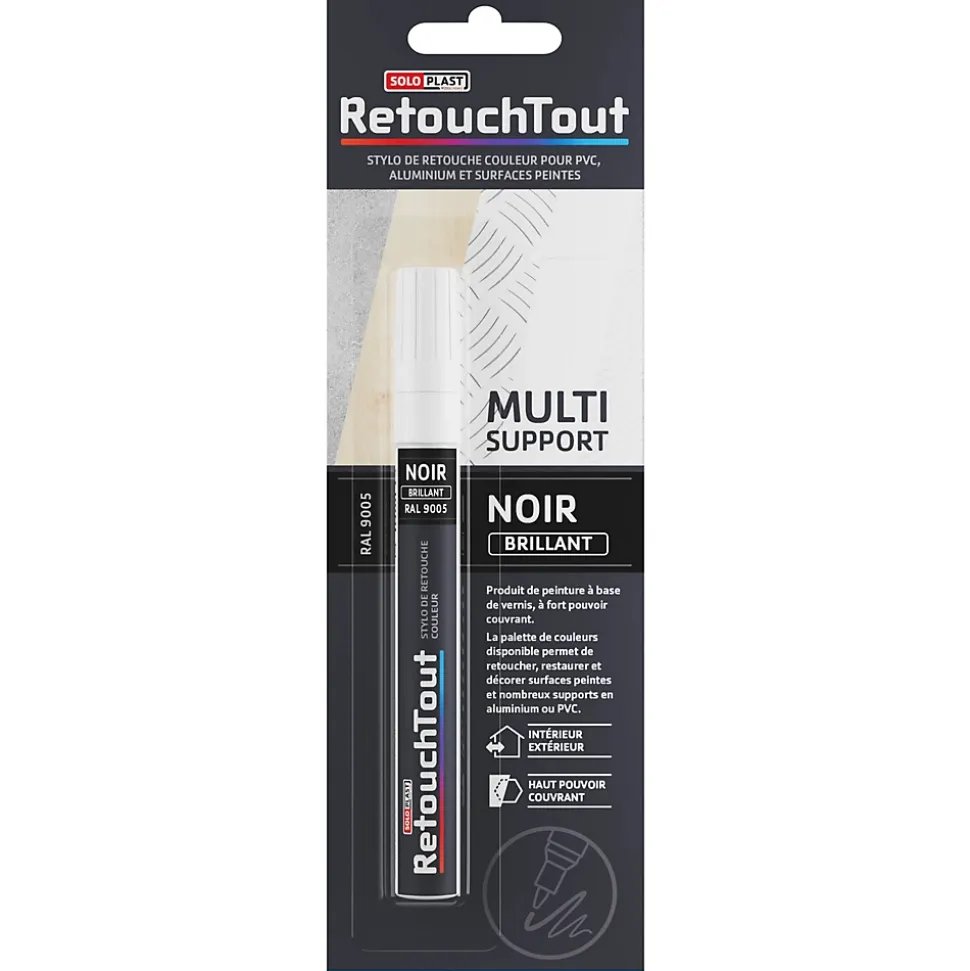 Stylo retouche multisupports coloris noir brillant RAL9005 10ml Soloplast
