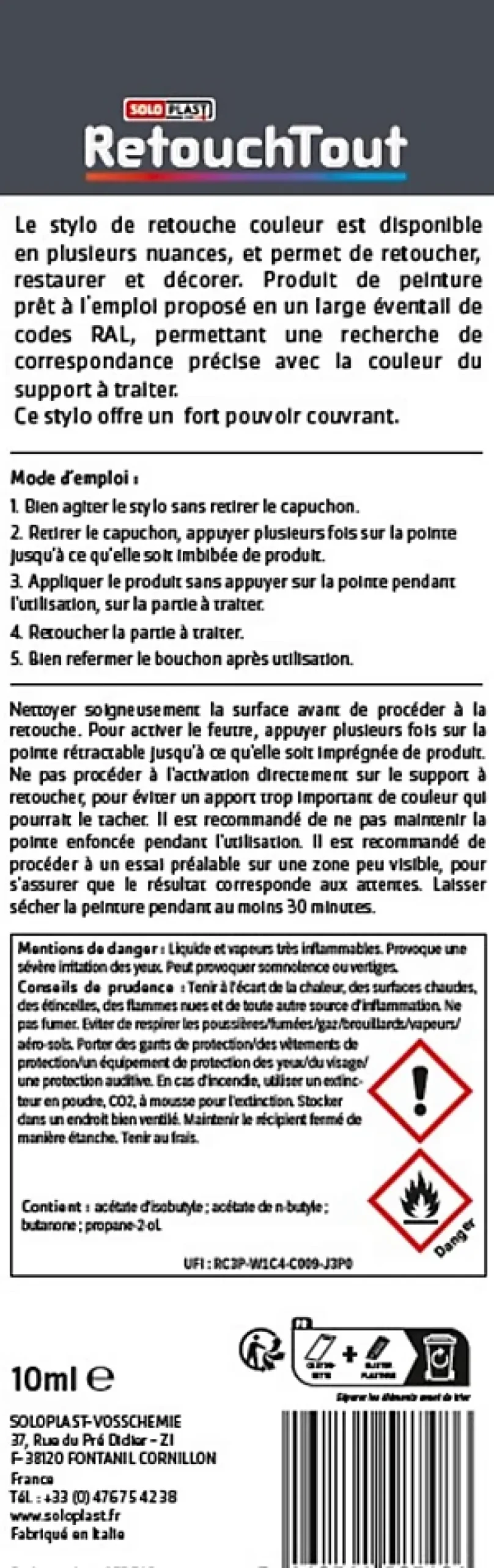 Stylo retouche multisupports coloris noir brillant RAL9005 10ml Soloplast