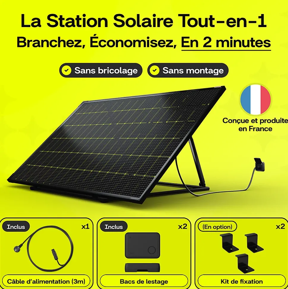 Sunology PLAY2, Kit 4 panneaux solaires complet 1840W bifacial, 4 Stations solaire livrées assemblées, Installation sol ou mur