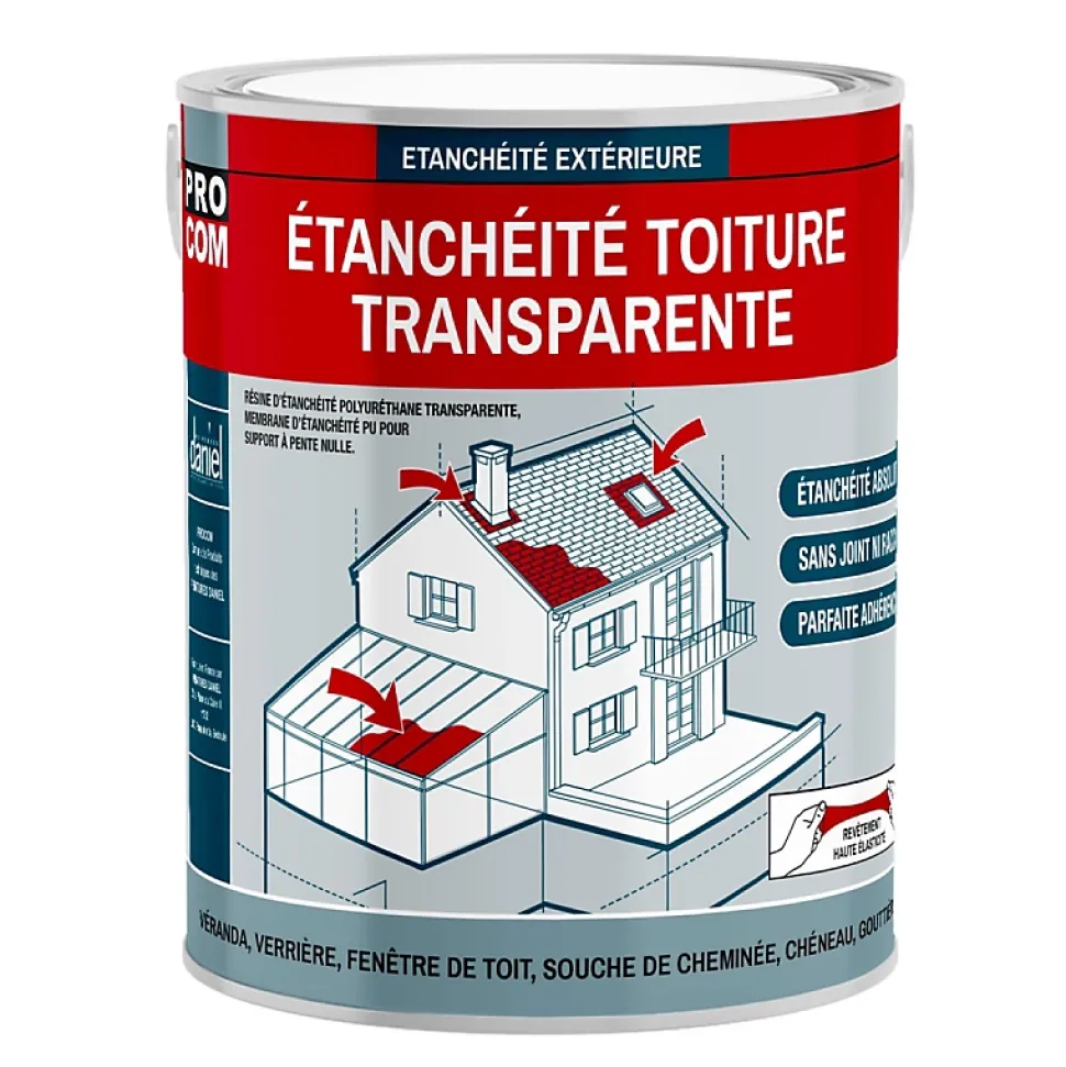 Étanchéité transparente polyuréthane - Résine d'étanchéité transparente toiture, véranda, verrière, serre PROCOM-2.5 litres-Transp