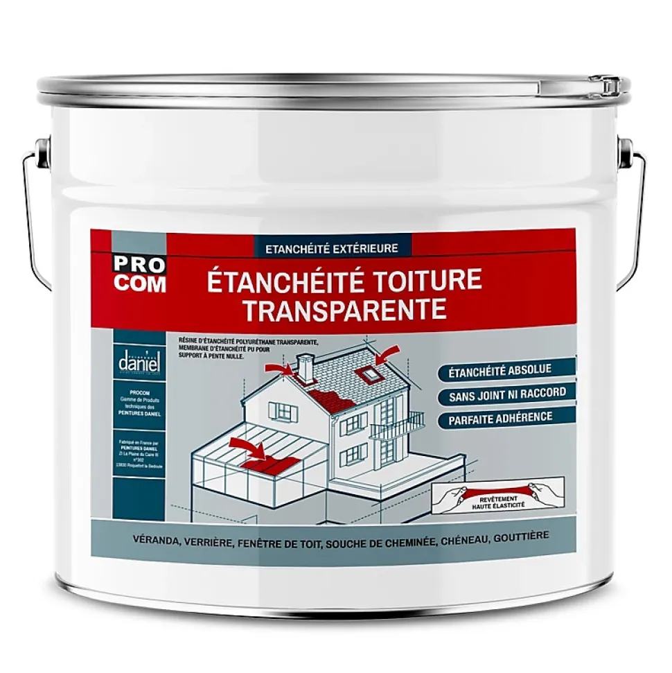 Étanchéité transparente polyuréthane - Résine d'étanchéité transparente toiture, véranda, verrière, serre PROCOM-10 litres-Transpa