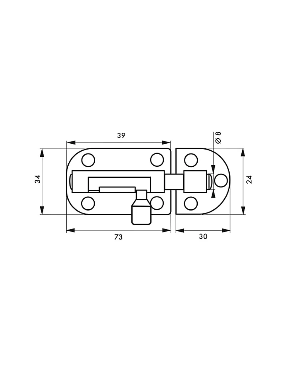 Targette, acier, pêne diamètre 8mm, 34x73mm, nickel satin - THIRARD