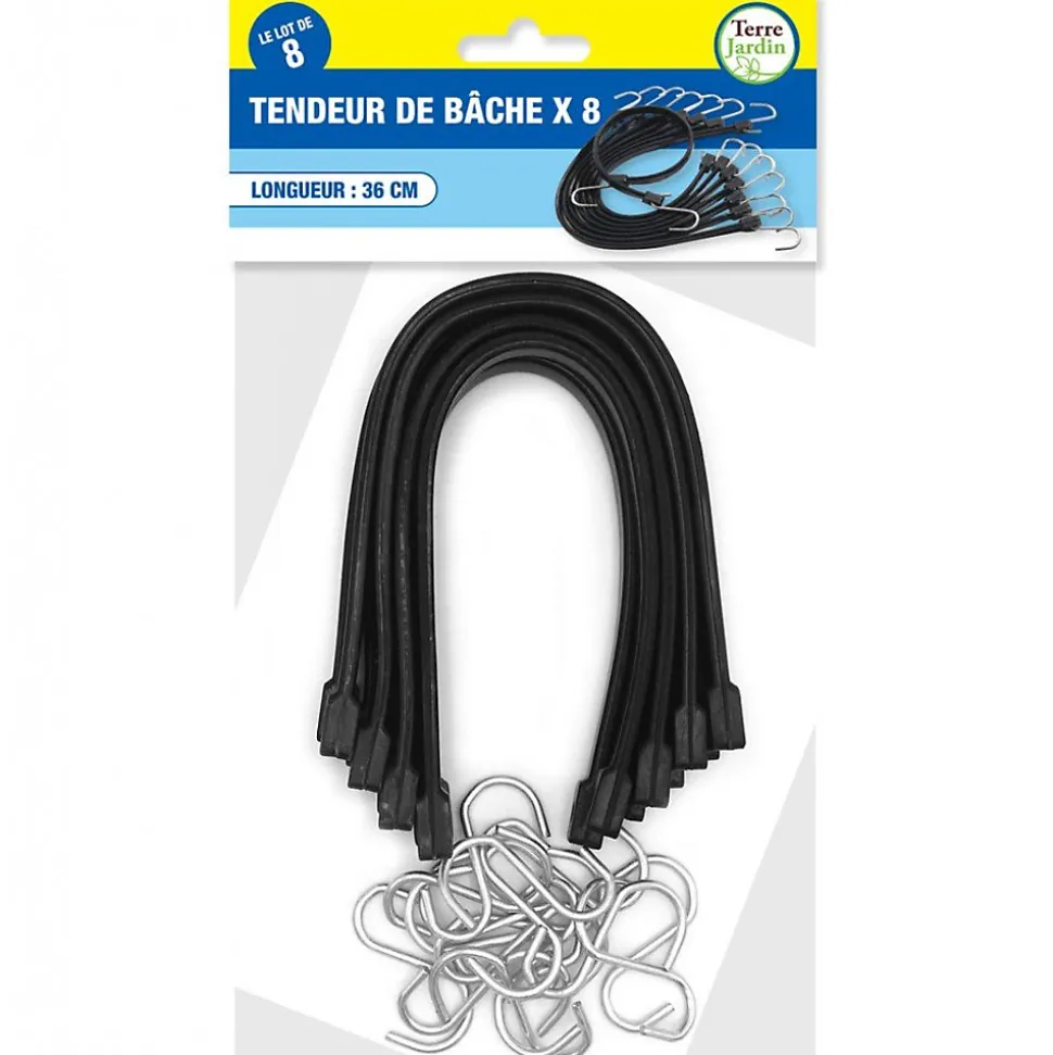 Tendeurs plats pour bâche 36 cm extensibles à 75 cm lot de 8 avec crochets robustes