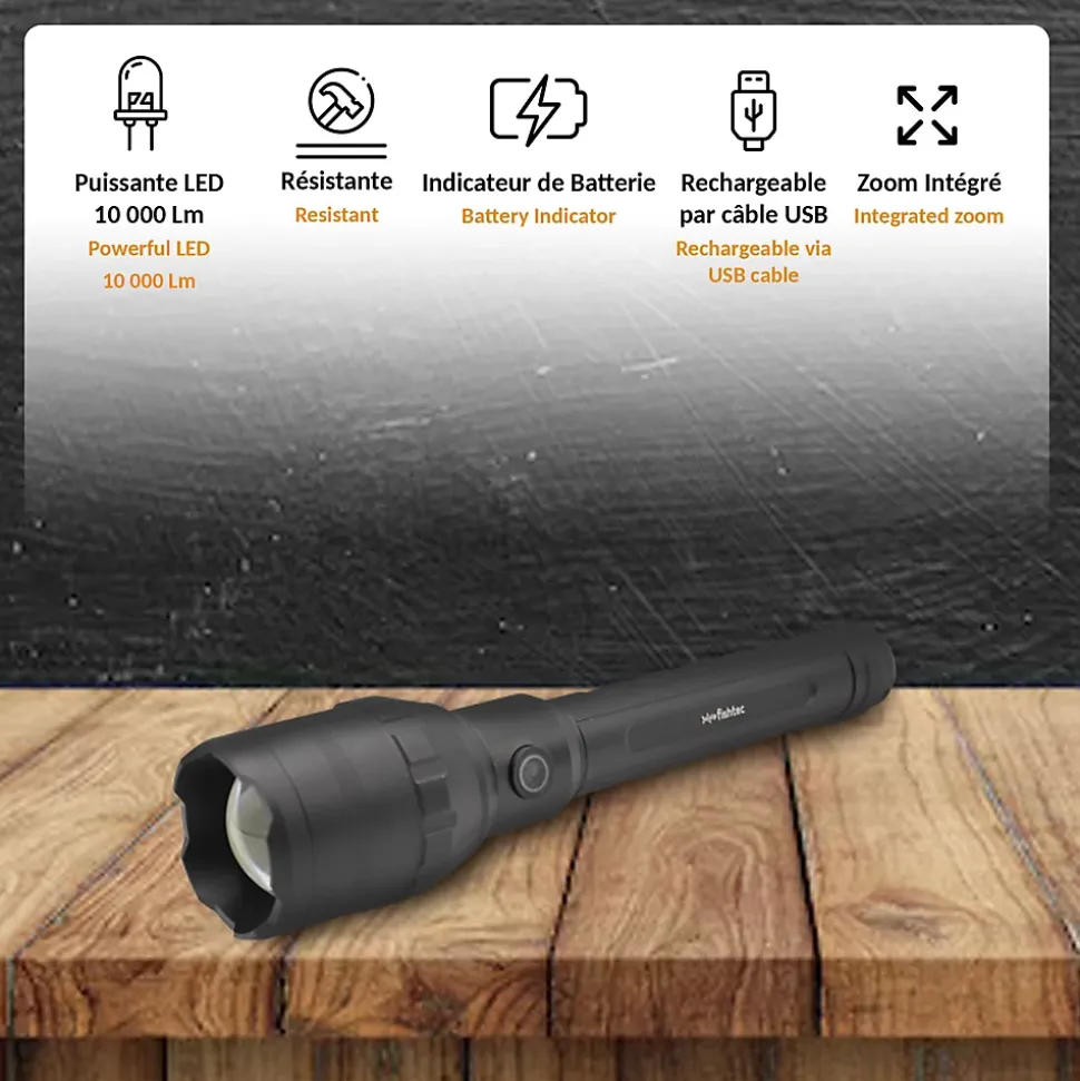 Torche Ultra Power 10000 Lumens FISHTEC LED COB Faisceau 300 m Aluminium Rechargeable 4 Modes Zoom