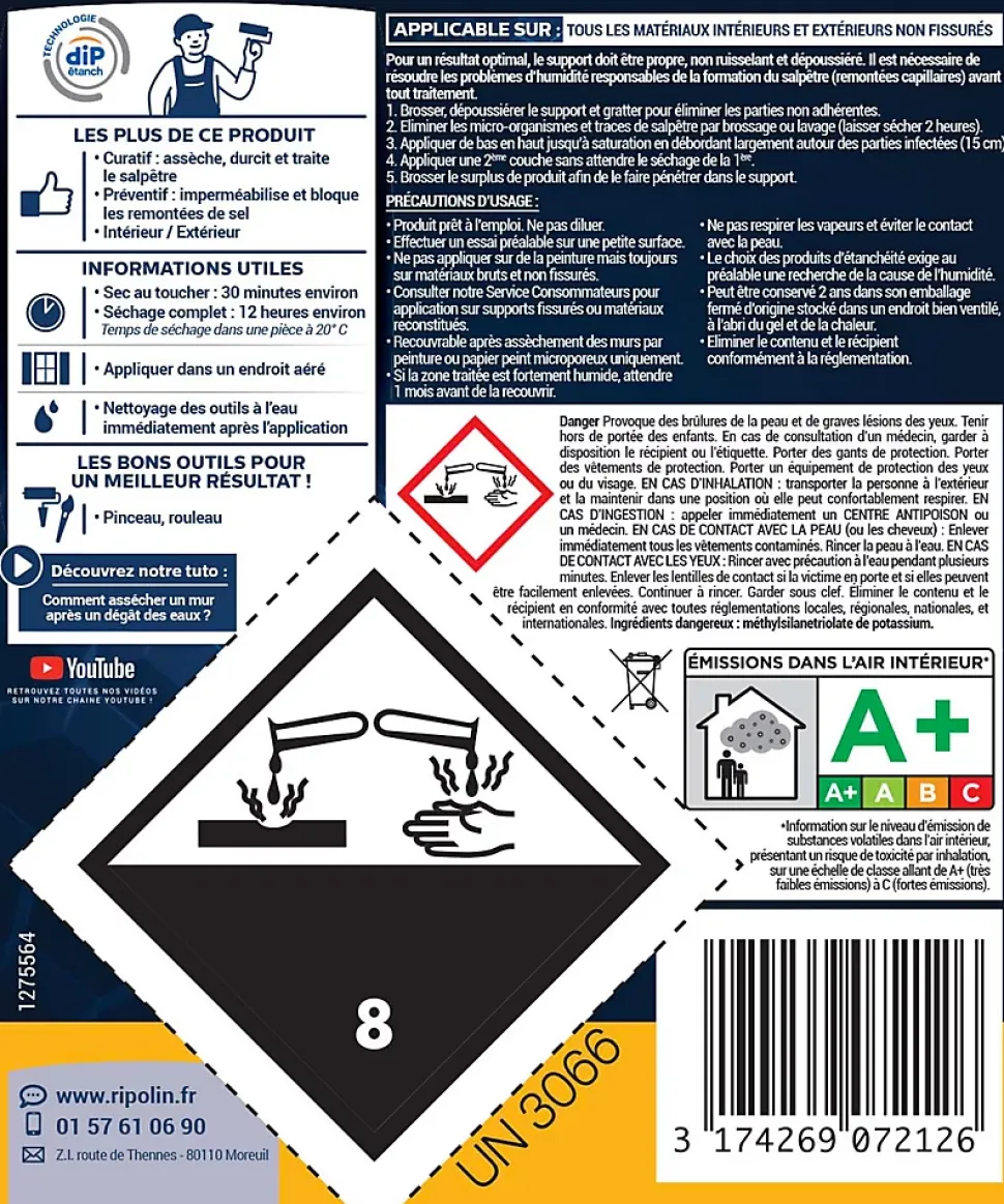 Traitement murs humides et salpêtre intérieur extérieur incolore Ripolin 2,5L