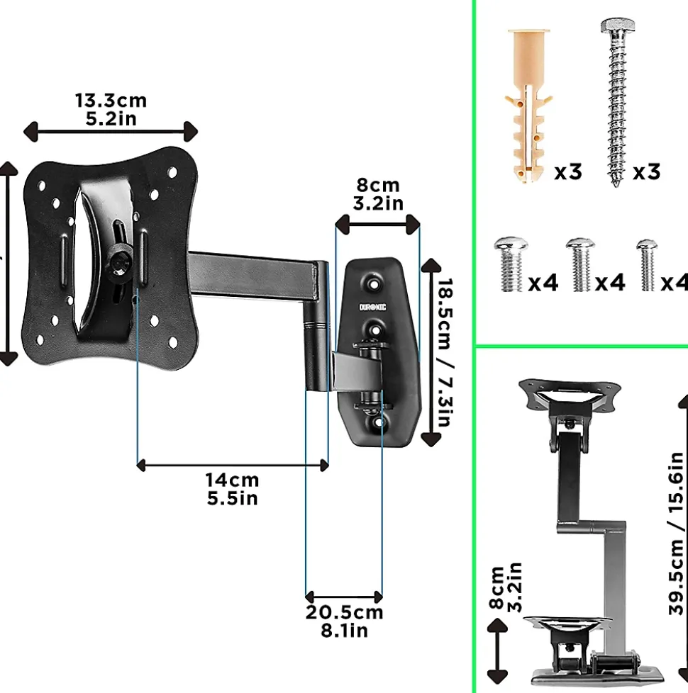 TVB0920 Support TV mural pour écran de 13 à 30 pouces Pivotant Inclinable Charge max 18 kg VESA 50 100 Télé LED LCD OLED Duronic