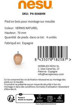 4un. Pied de meuble pied de canapé en bois de hêtre laqué vernis mat naturel. Hauteur 70mm