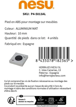 4un. rehausseur de meuble hauteur 10mm en résine plastique ABS ANTI-HUMIDITÉ couleur aluminium mat avec embout coulissant
