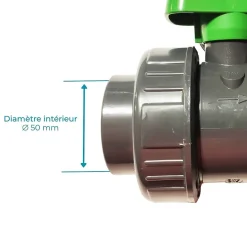 Vanne PVC Pression PN16 Piscine Codital Poignée Verte 50mm 5cm 1p un demi Compatible traitements de piscine chlore sel brome