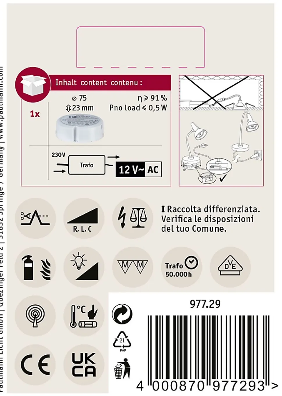 VDE Transfo électronique Disc max. 35-105W 230/12V 105VA Blanc
