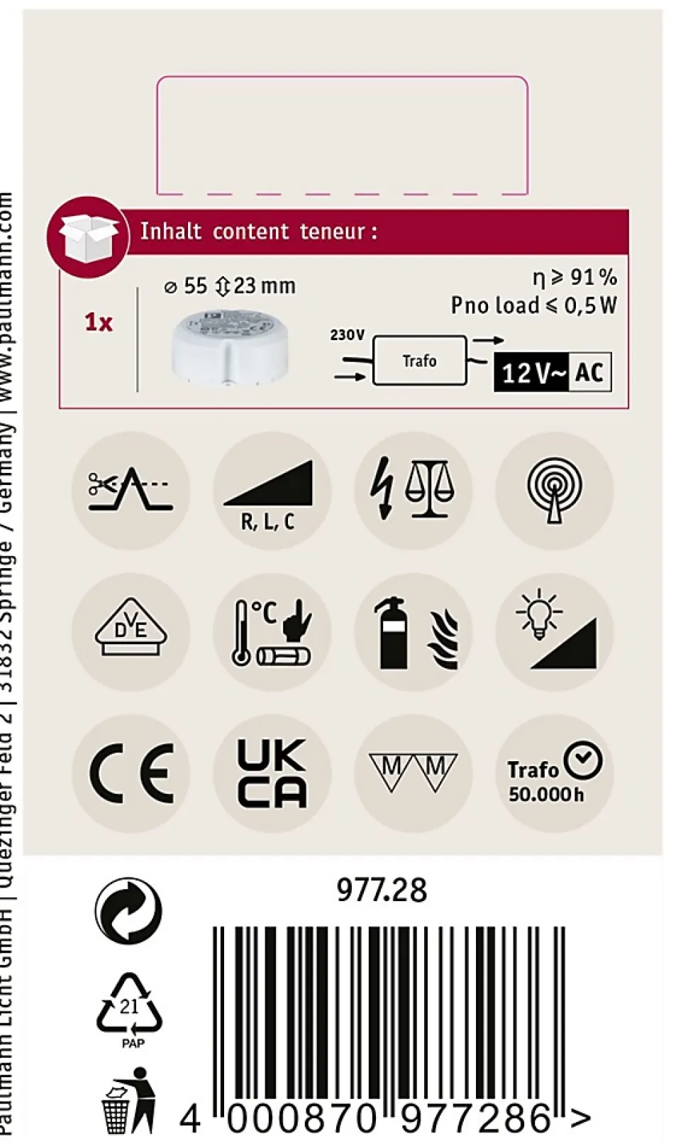 VDE Transfo électronique Disc max. 20-70W 230/12V 70VA Blanc