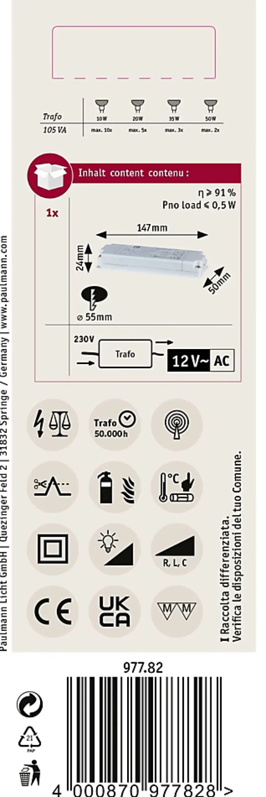 VDE Transfo électronique Flat Halogen AC max. 35-105W 230/12V 105VA Blanc