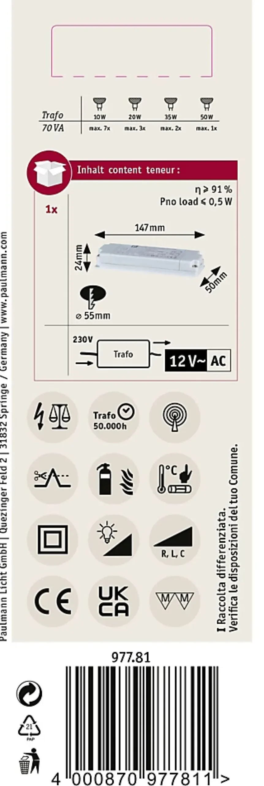 VDE Transfo électronique Flat Halogen AC max. 20-70W 230/12V 70VA Blanc