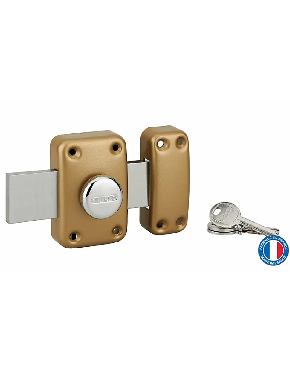 Verrou à bouton Apache pour porte de garage, cylindre 30mm, pêne 160mm, acier, 3 clés, époxy or - THIRARD