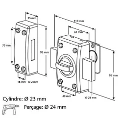 Verrou à bouton avec cylindre Abus ø 23 mm / 40 mm