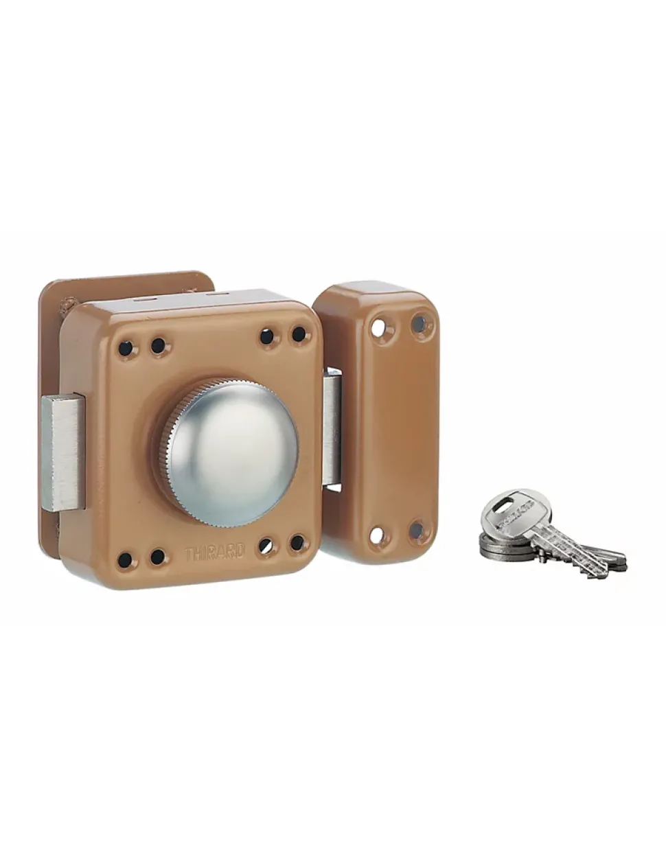 Verrou à bouton Rafale pour porte d'entrée, cylindre 45mm, acier, 3 clés, époxy bonze - THIRARD