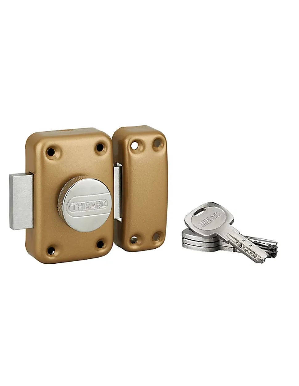 Verrou à bouton Transit 2 pour porte d'entrée, cylindre 80mm, 4 clés, époxy or - THIRARD