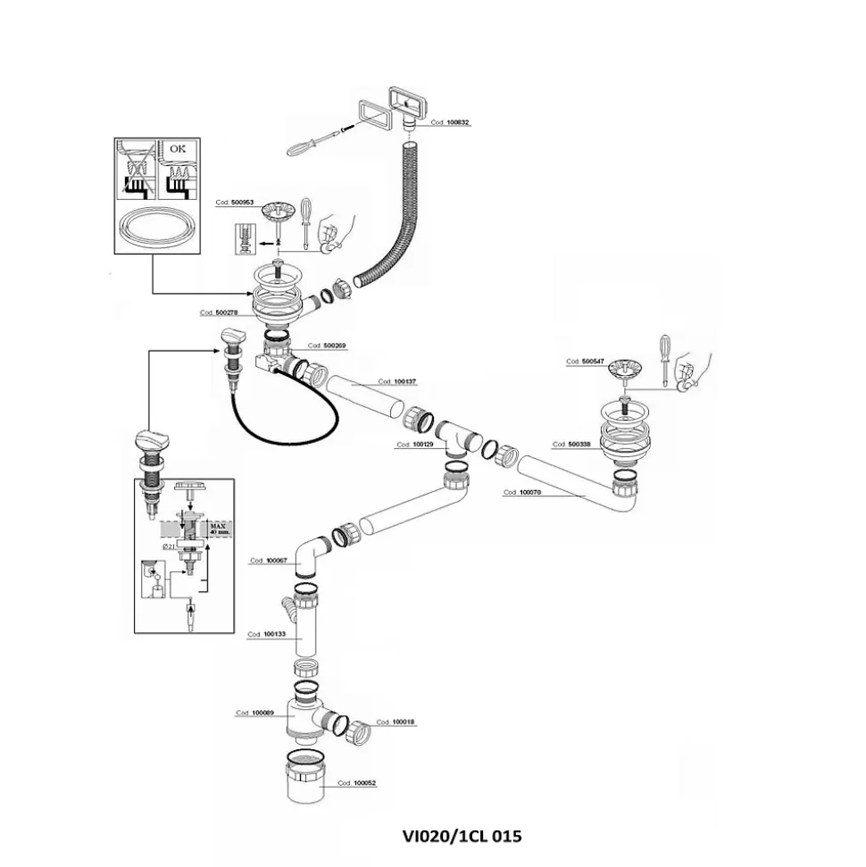 Vidage automatique CUIPD671-D pour évier 2 bacs inox - Siphon gain de place