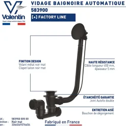 Vidage de baignoire automatique à câble sortie orientable à 360° Valentin finition noire