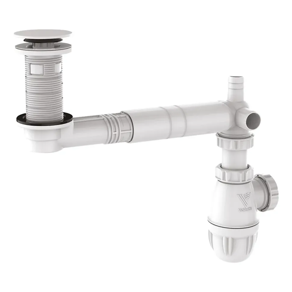 Vidage de lavabo universel avec tubulure extra-plate, siphon déporté, prises Valentin
