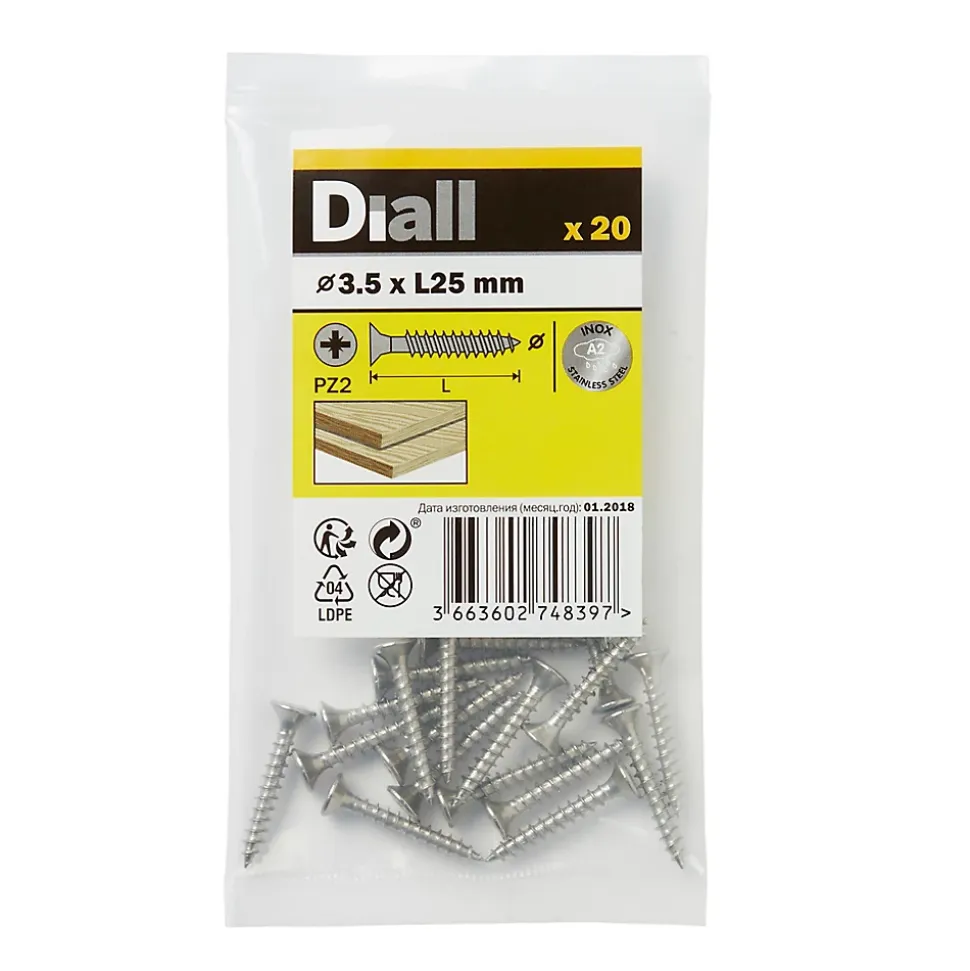 Vis à bois en acier inoxydable A2 pozidriv 3.5x25 mm - 20 pièces