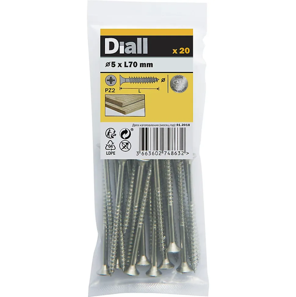 Vis à bois en acier inoxydable A2 pozidriv 5x70 mm - 20 pièces