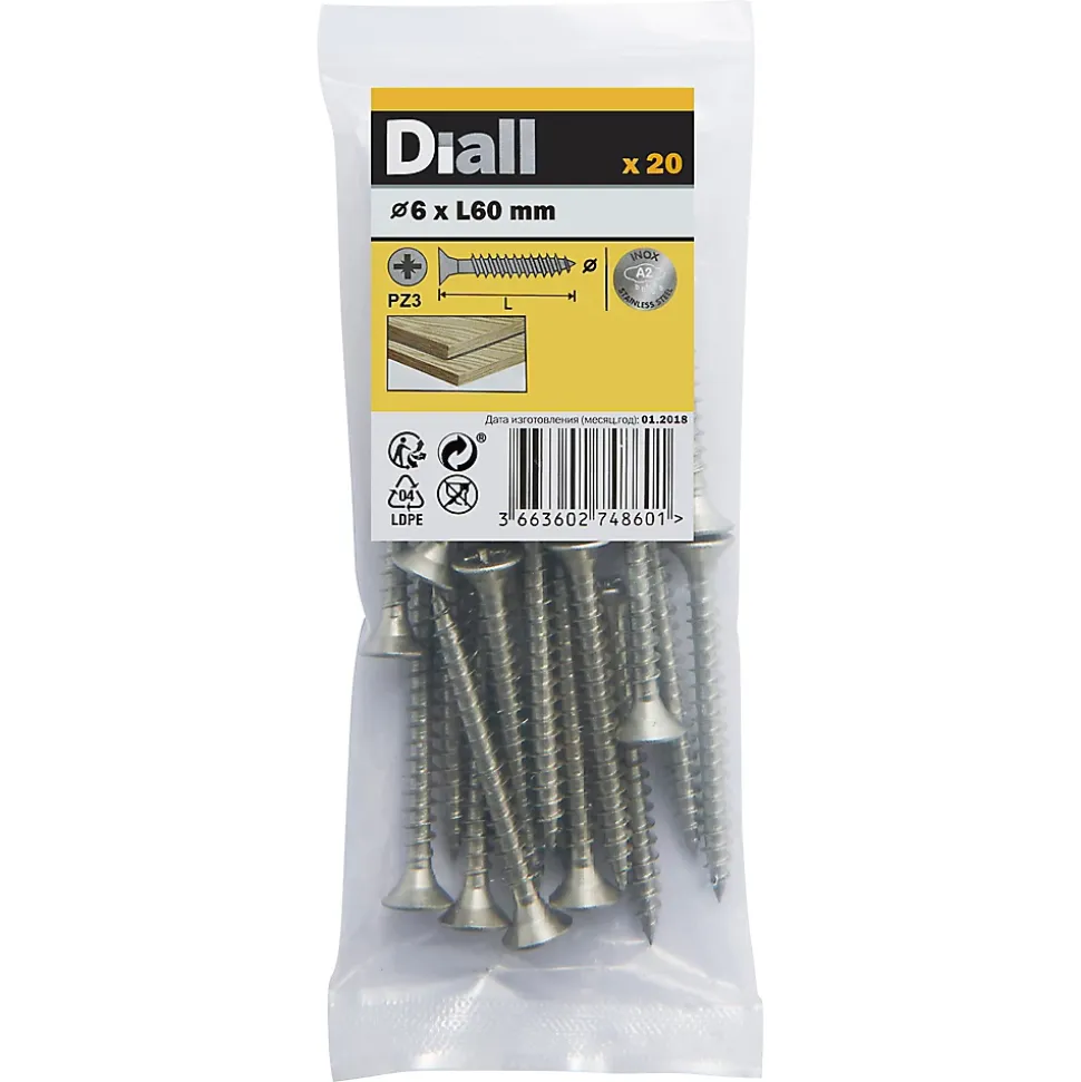 Vis à bois en acier inoxydable A2 pozidriv 6x60 mm - 20 pièces