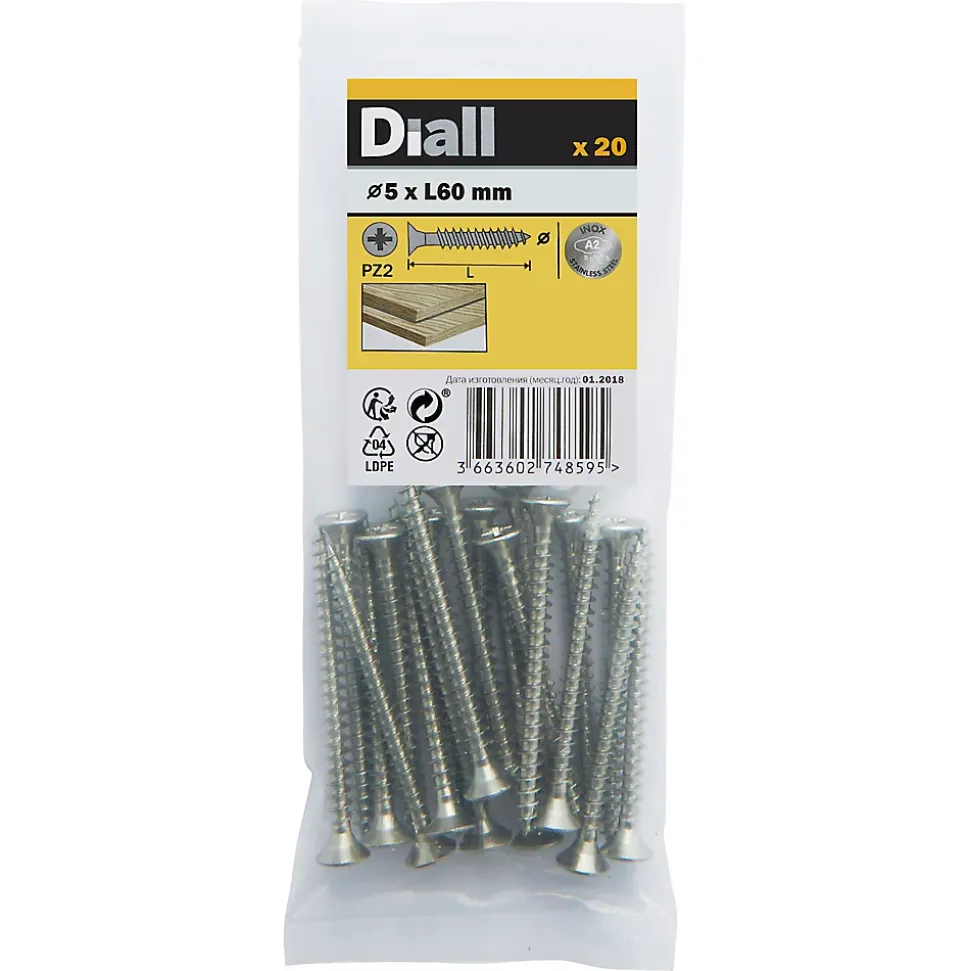 Vis à bois en acier inoxydable A2 pozidriv 5x60 mm - 20 pièces