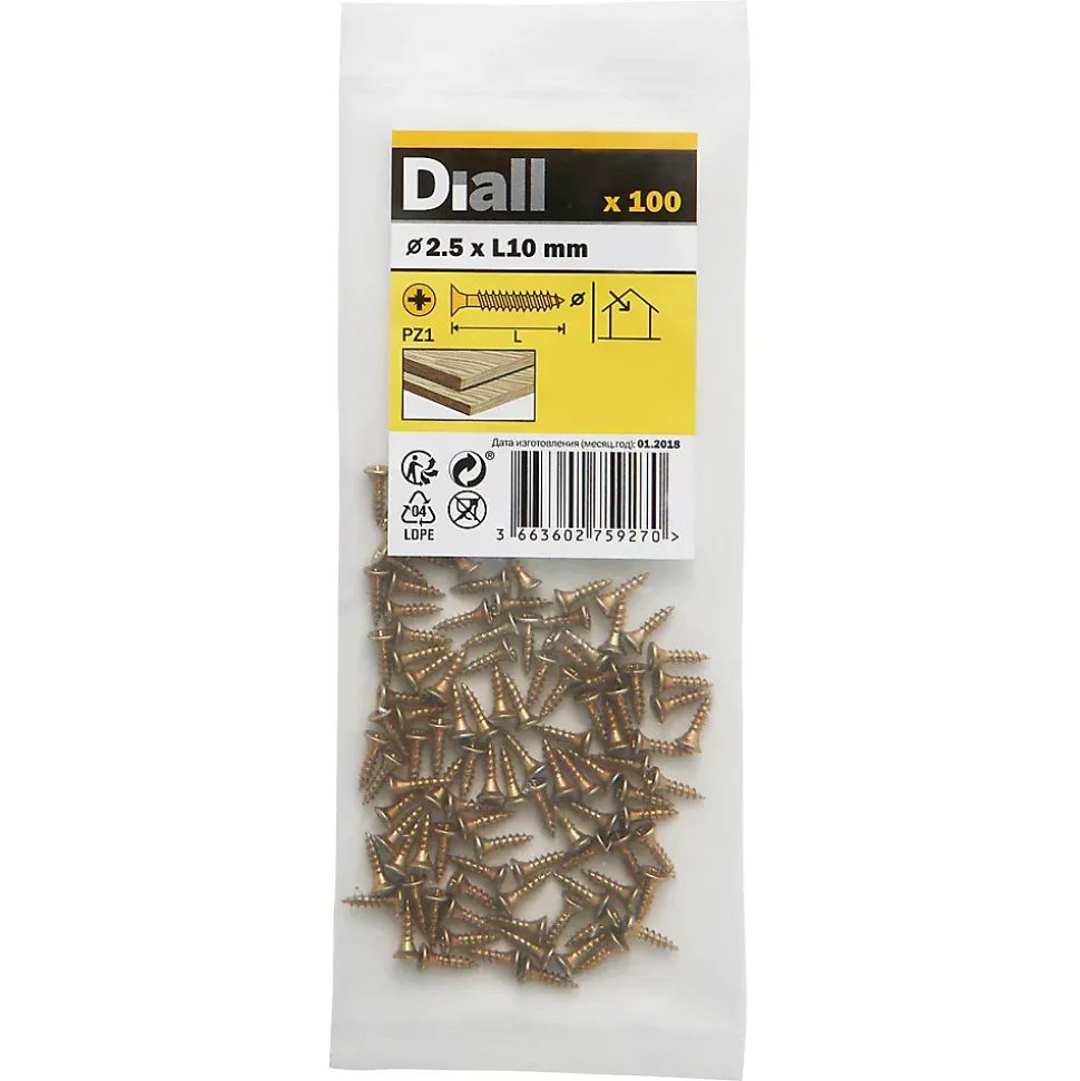 Vis à bois pozidriv tête fraisée zinguée jaune 2.5x10 mm - 100 pièces