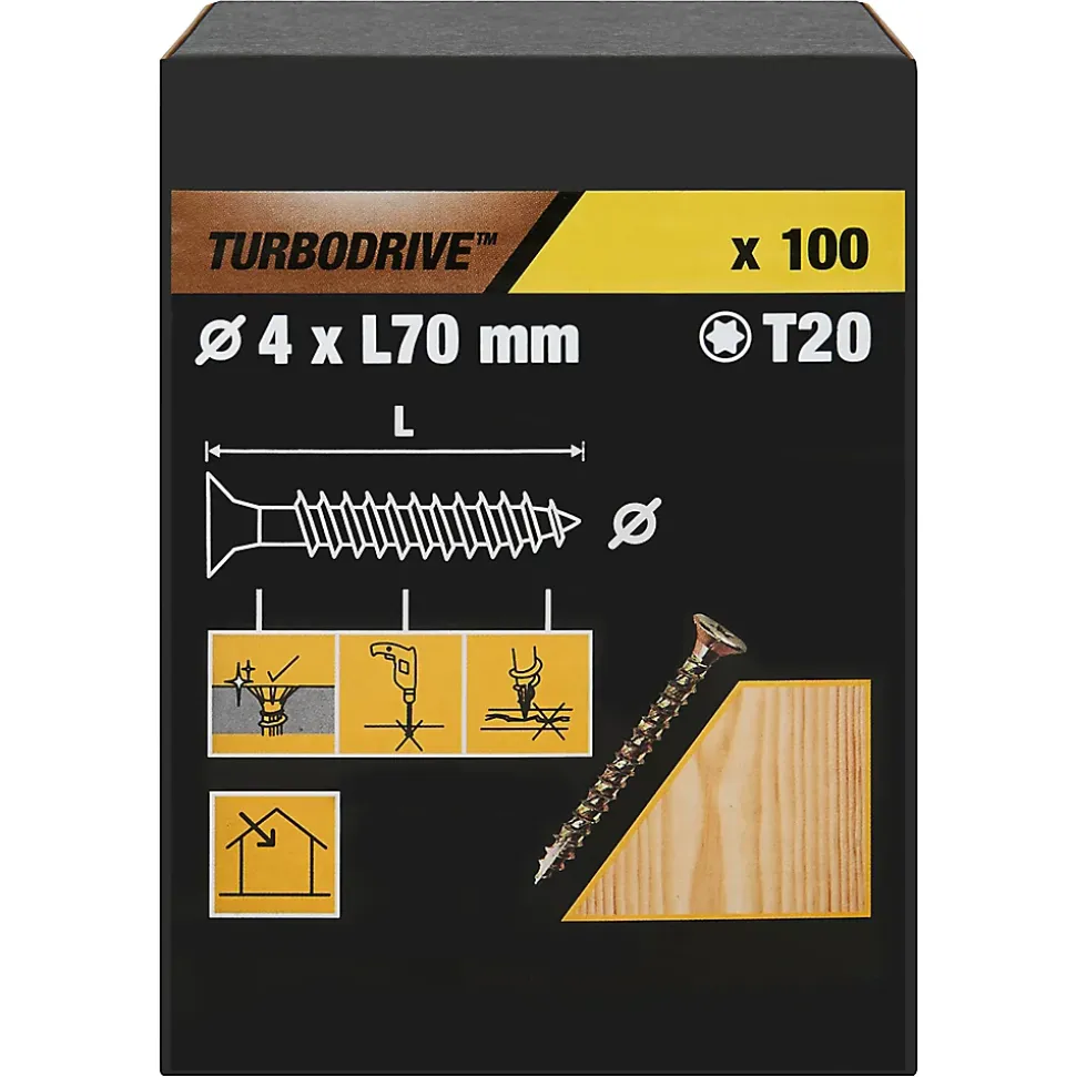 Vis à bois Turbodrive Premium torx zinguée jaune 4x70 mm - 100 pièces