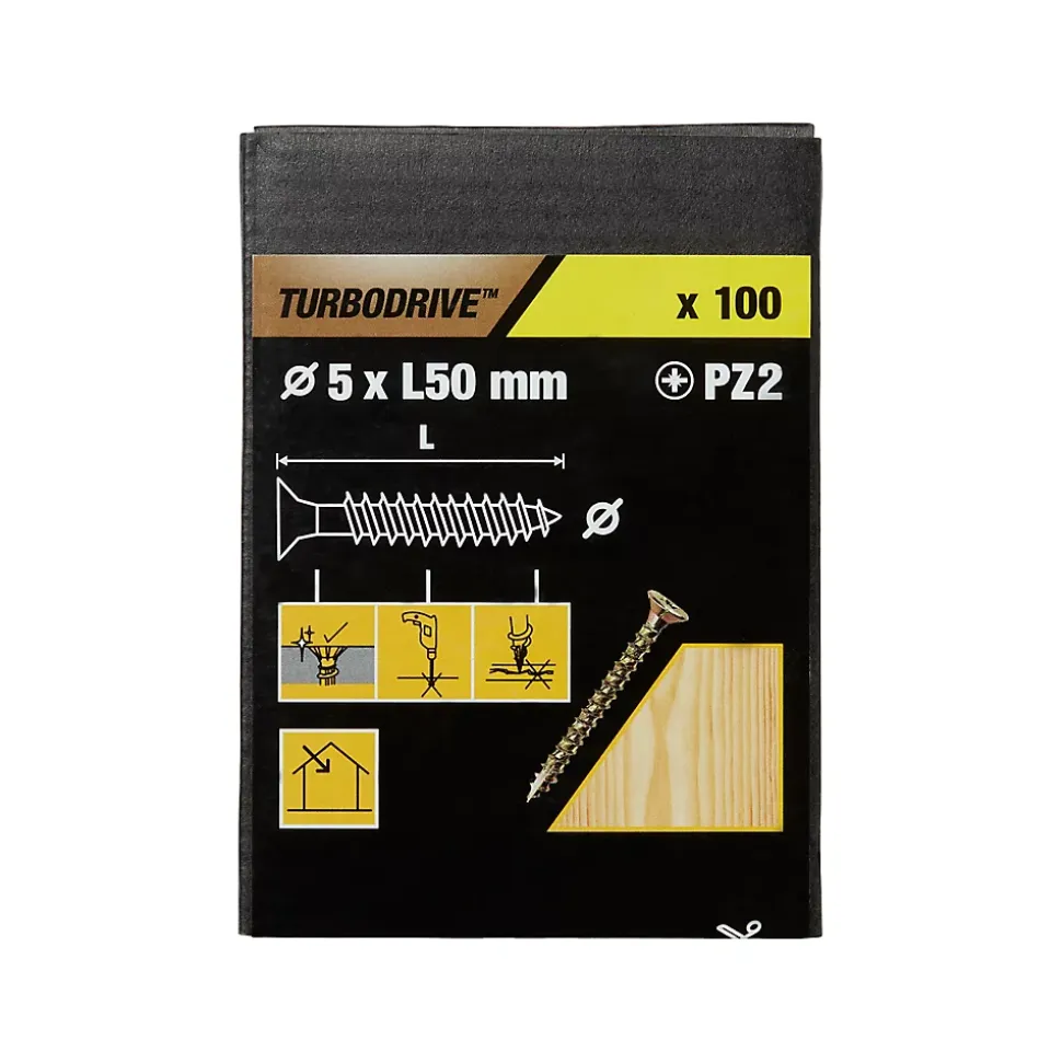 Vis à bois Turbodrive Premium pozidriv zinguée jaune 5x50 mm - 100 pièces