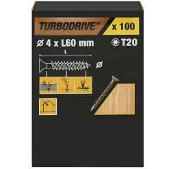 Vis à bois Turbodrive Premium torx zinguée jaune 4x60 mm - 100 pièces