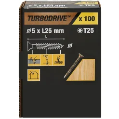 Vis à bois Turbodrive Premium torx zinguée jaune 5x25 mm - 100 pièces
