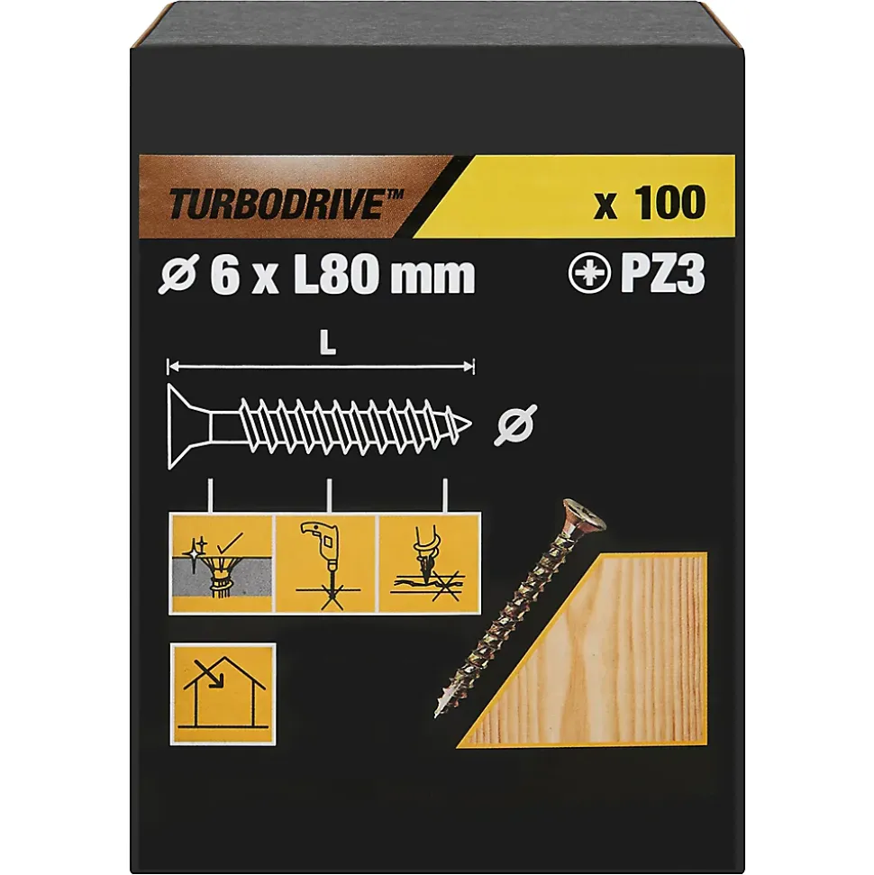 Vis à bois Turbodrive Premium pozidriv zinguée jaune 6x80 mm - 100 pièces