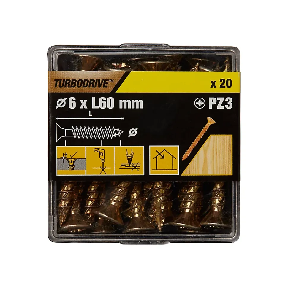 Vis à bois Turbodrive Premium pozidriv zinguée jaune 6x60 mm - 20 pièces