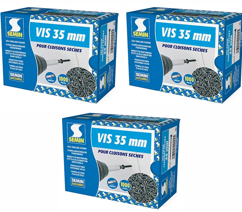 Vis Auto Perceuse 35 mm Semin - Fixation des Plaques de Plâtre sur l'Ossature - Intérieur - Boîte de 1000 Pièces (Lot de 3000)