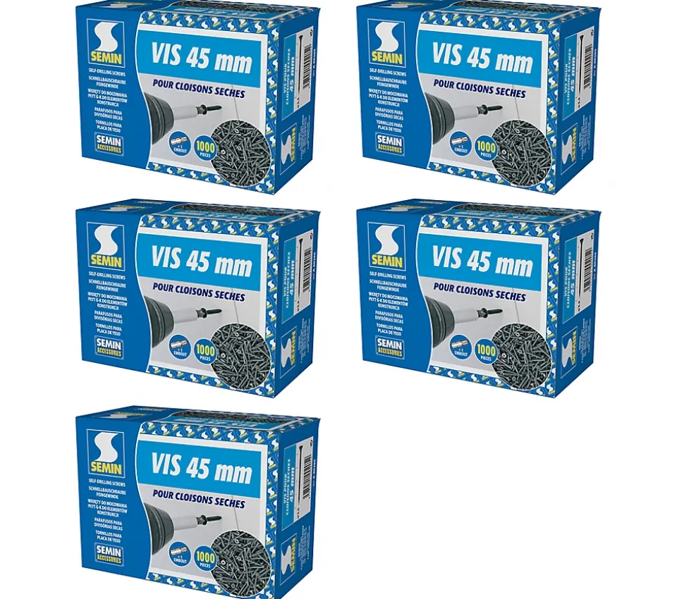 Vis Auto Perceuse 45 mm Semin - Fixation des Plaques de Plâtre sur l'Ossature - Intérieur - Boîte de 1000 Pièces (Lot de 5000)