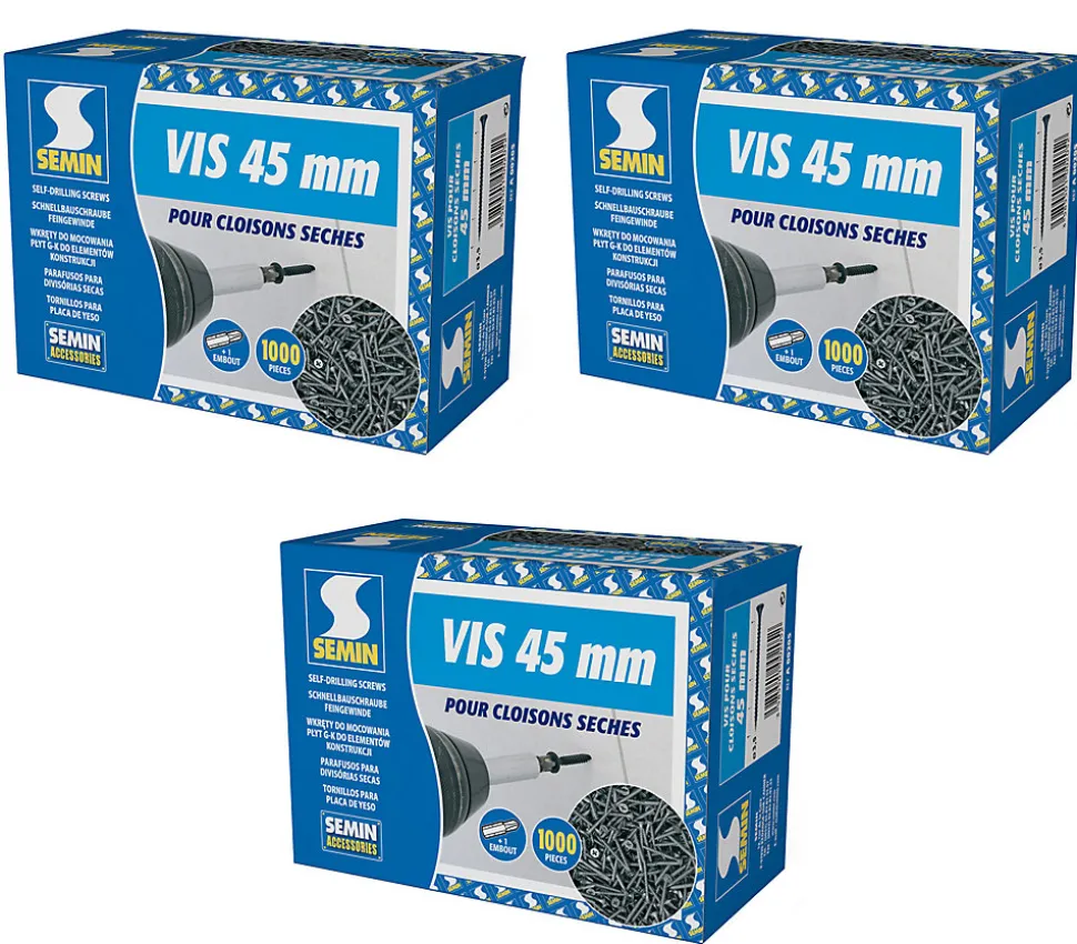 Vis Auto Perceuse 45 mm Semin - Fixation des Plaques de Plâtre sur l'Ossature - Intérieur - Boîte de 1000 Pièces (Lot de 3000)