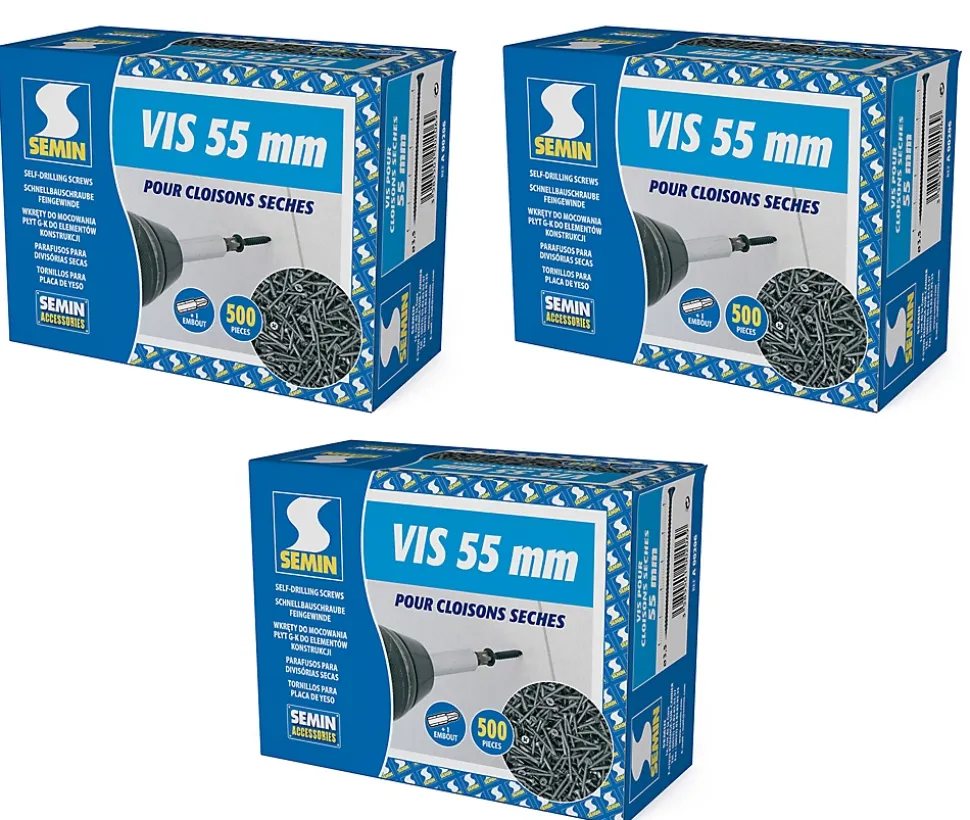Vis Auto Perceuse 55 mm Semin - Fixation des Plaques de Plâtre sur l'Ossature - Intérieur - Boîte de 500 Pièces (Lot de 1500)