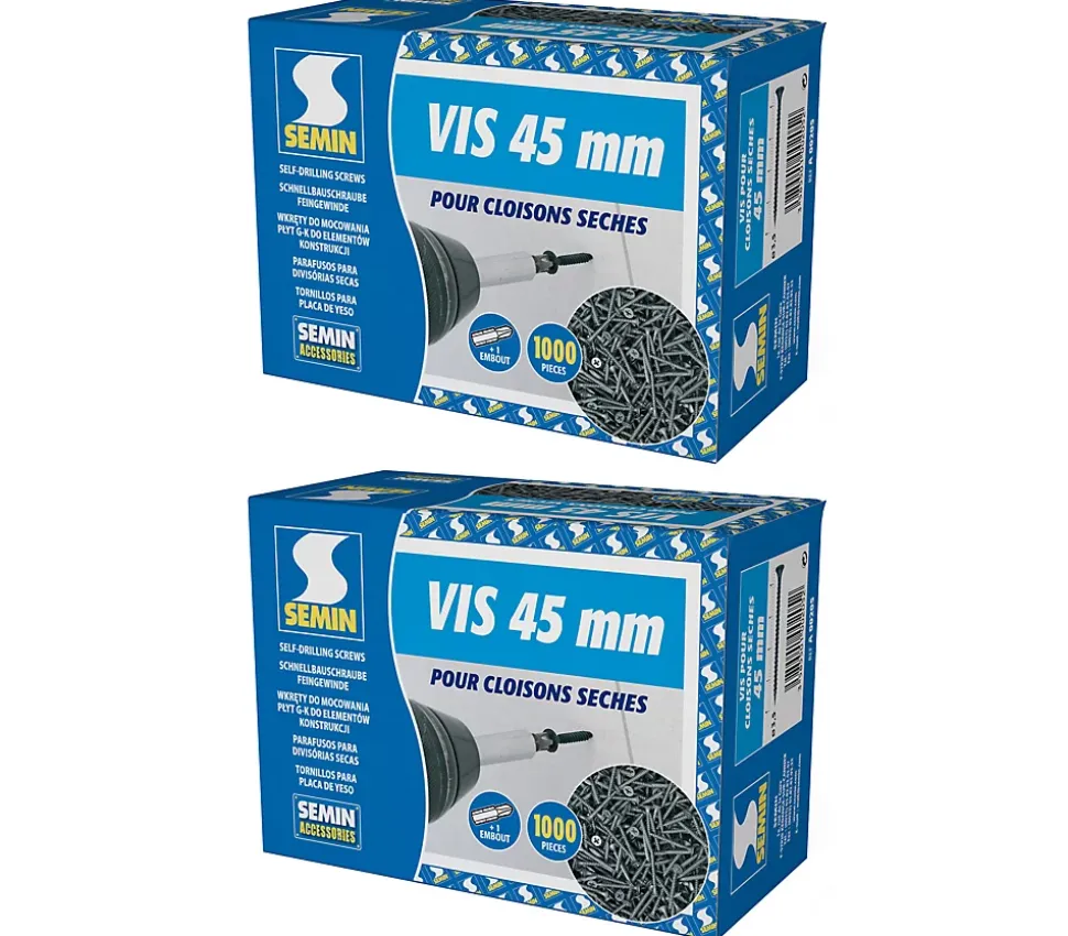 Vis Auto Perceuse 45 mm Semin - Fixation des Plaques de Plâtre sur l'Ossature - Intérieur - Boîte de 1000 Pièces (Lot de 2000)