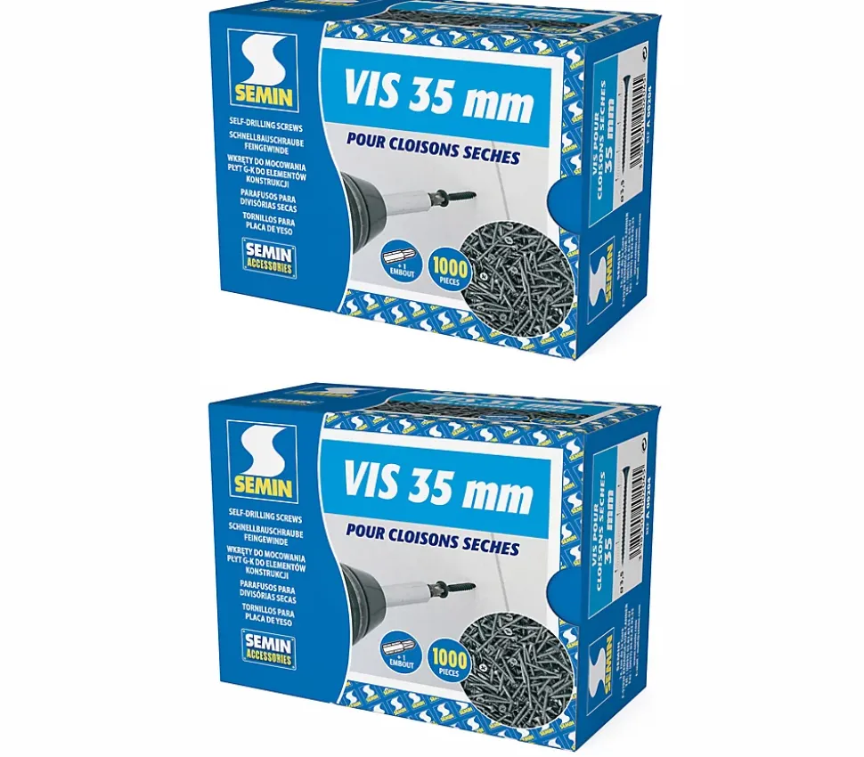 Vis Auto Perceuse 35 mm Semin - Fixation des Plaques de Plâtre sur l'Ossature - Intérieur - Boîte de 1000 Pièces (Lot de 2000)