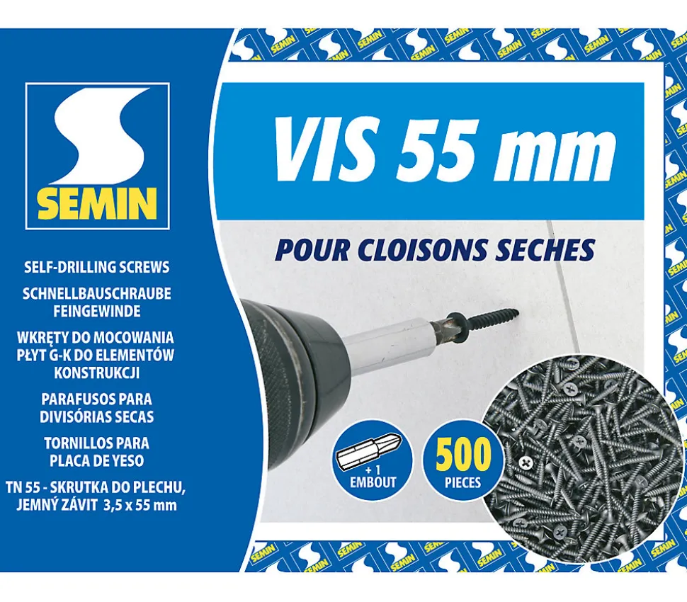 Vis Auto Perceuse 55 mm Semin - Fixation des Plaques de Plâtre sur l'Ossature - Intérieur - Boîte de 500 Pièces (Lot de 1000))