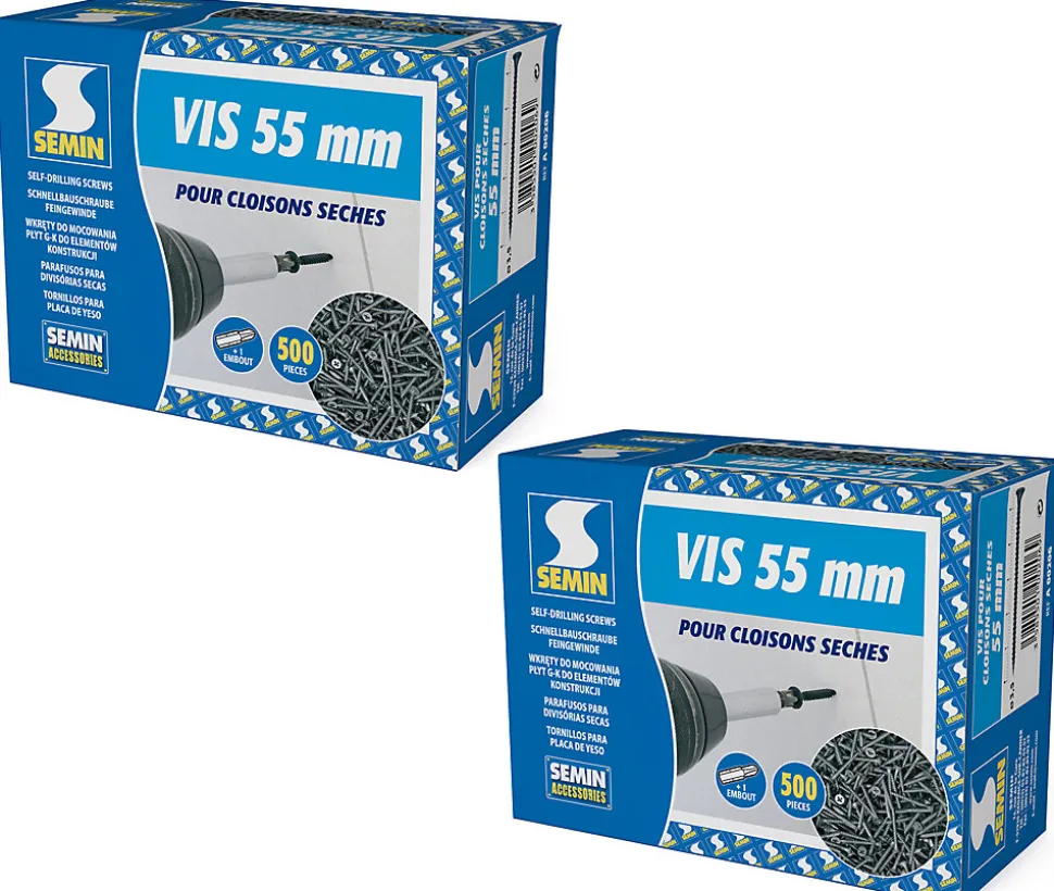 Vis Auto Perceuse 55 mm Semin - Fixation des Plaques de Plâtre sur l'Ossature - Intérieur - Boîte de 500 Pièces (Lot de 1000))
