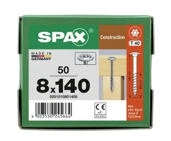 Vis de charpente tête ronde Spax Wirox 8 x 140 mm filetage partiel - 50 pièces