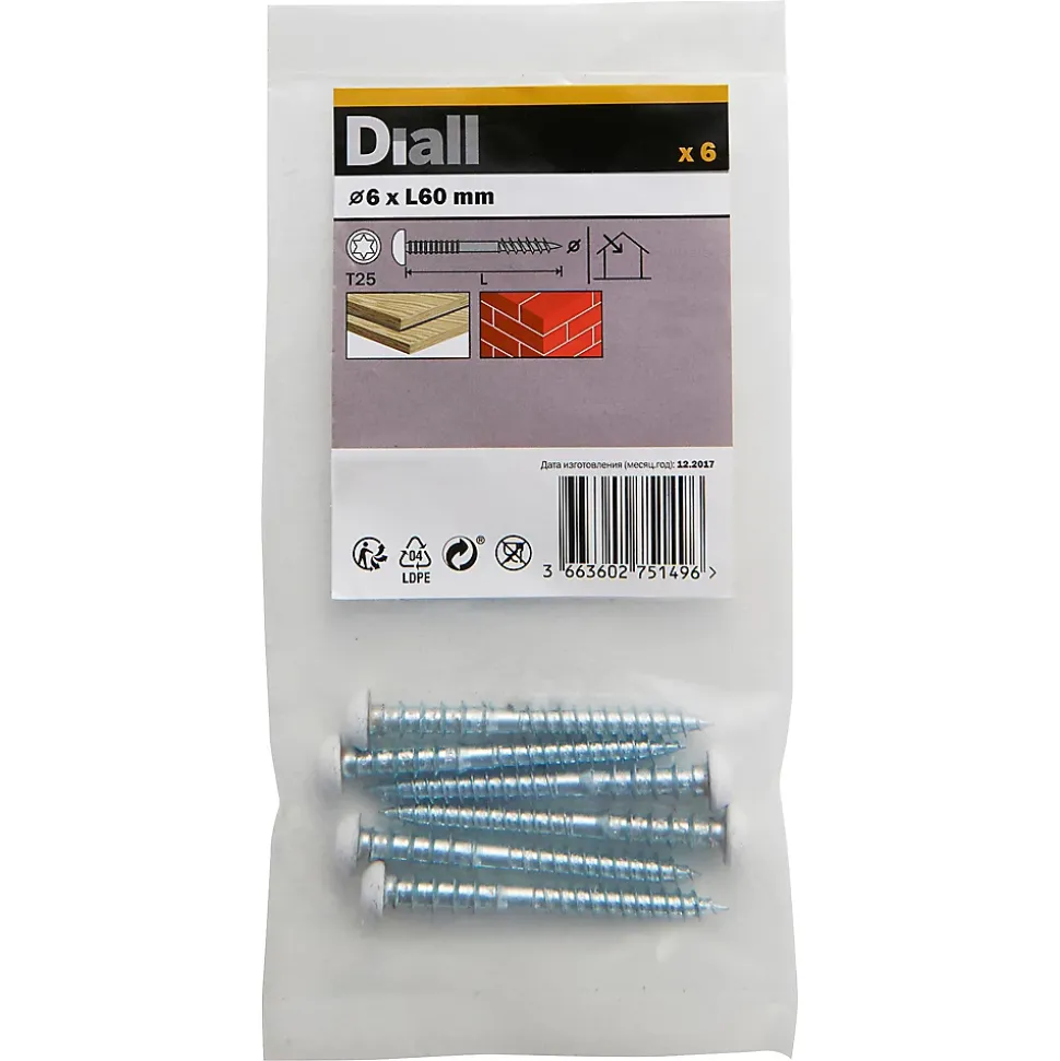 Vis de châssis PVC zinguée avec tête peinte en blanc, 6x60 mm - 6 pièces