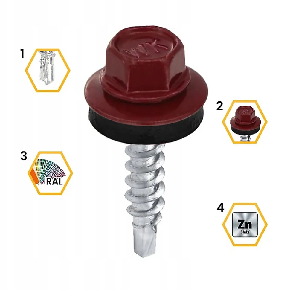 Vis de toiture Klimas WFD pour tôle trapézoïdale sur bois RAL 3005 Rouge vin 4,8x25 mm 250 pièces