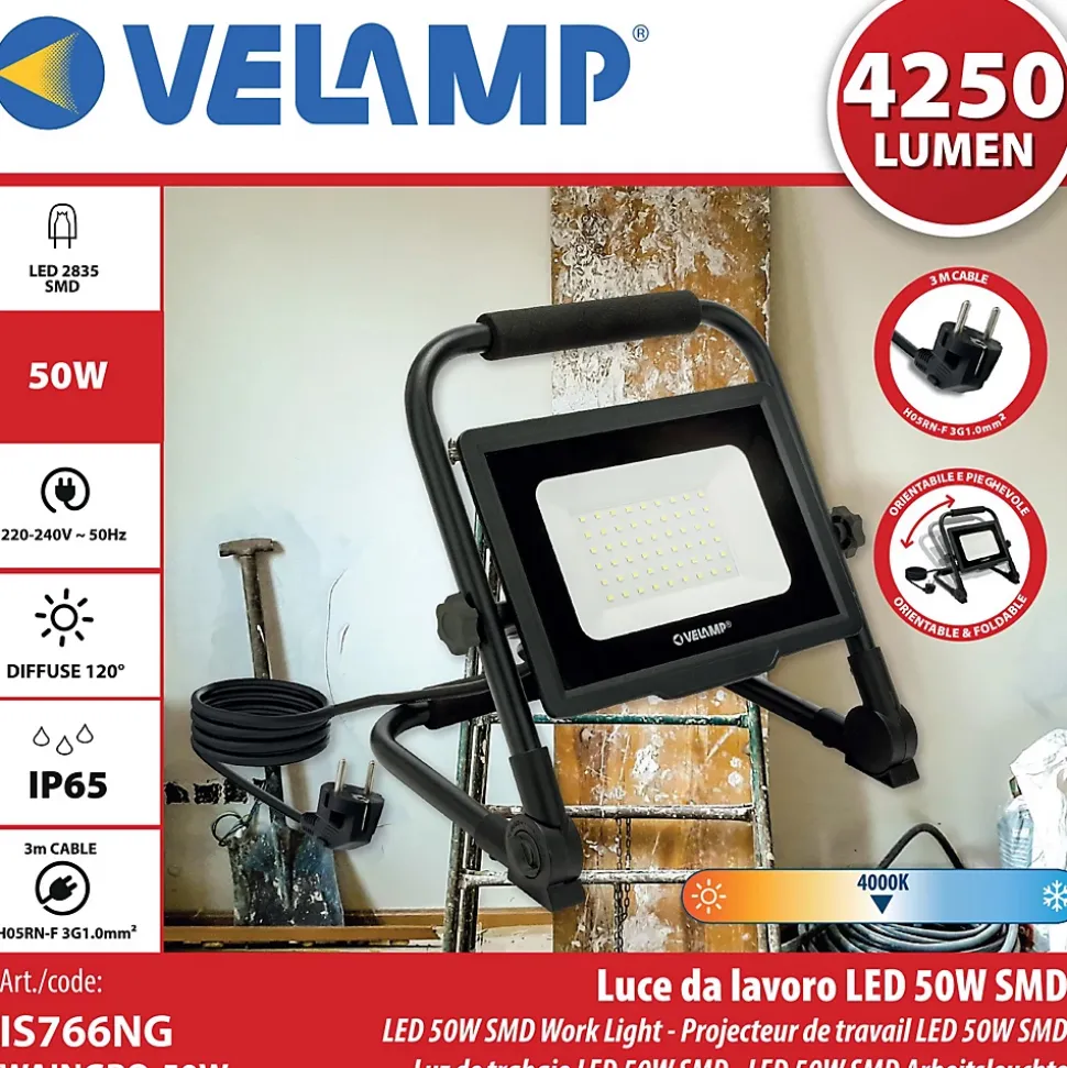 WAINGRO 50W : Projecteur de travail LED SMD 50W avec support de terre et câble 3m